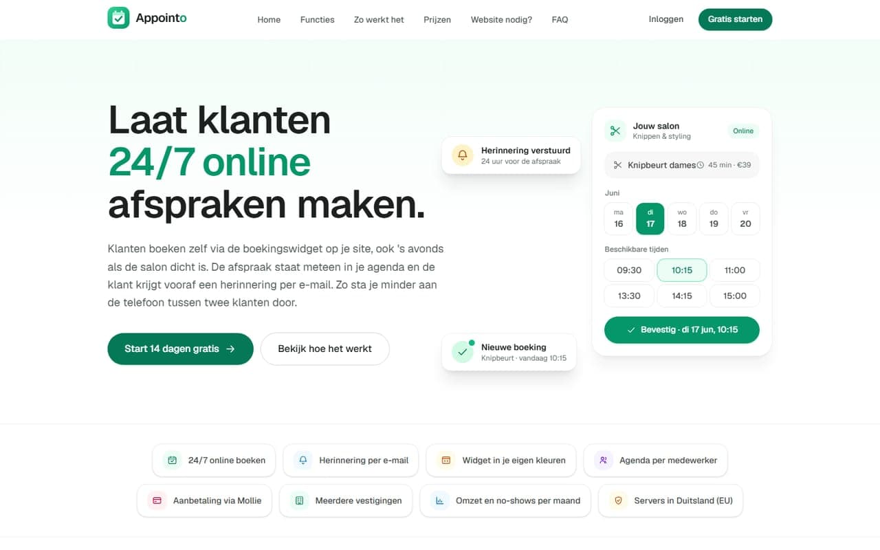 De homepage van appointo.nl met de boekingswidget