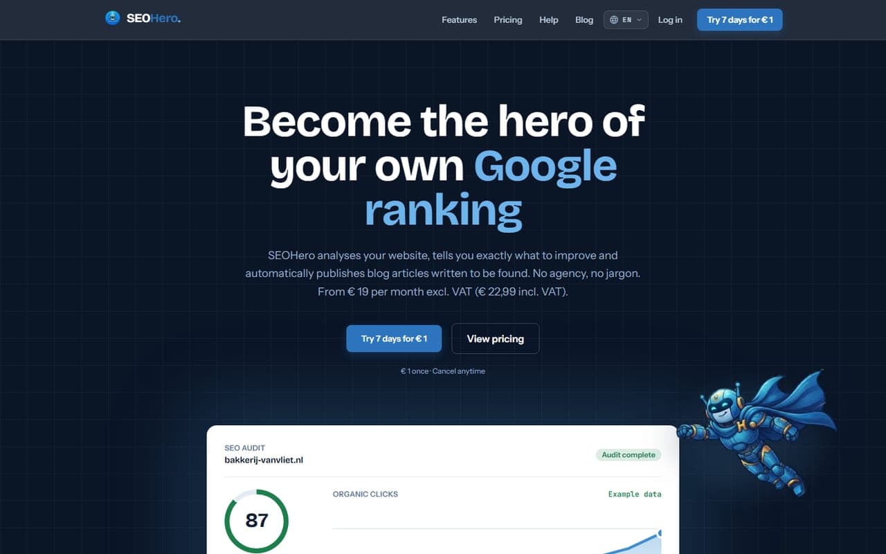 De homepage van seohero.app