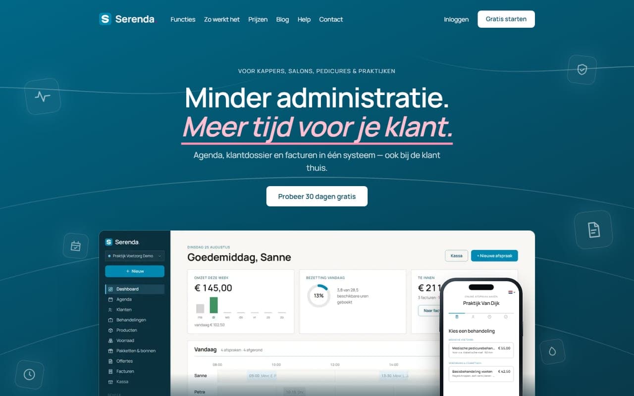 De homepage van serenda.nl met de agenda en het dossier van een praktijk