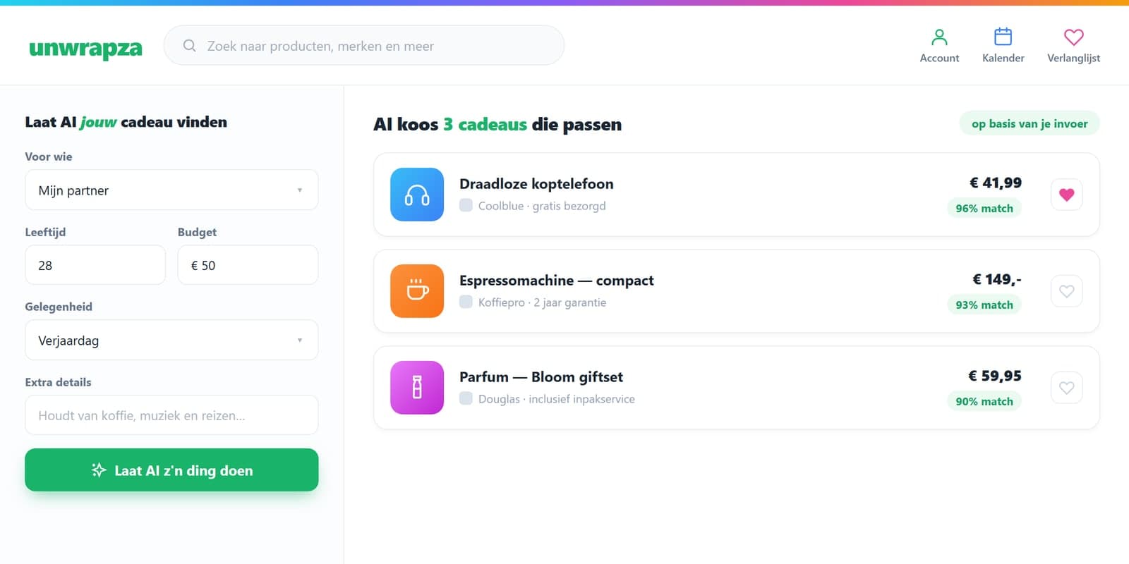 De AI-cadeauzoeker van Unwrapza met gepersonaliseerde resultaten